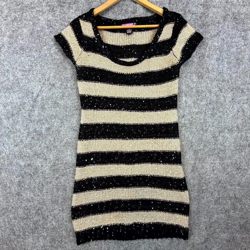 Say What Y2K Sweater Mini Dress Womens XL Black Tan Striped Sequin Stretch